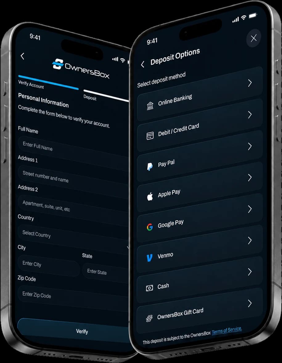 The OwnersBox deposit options screen, offering PayPal, Apple Pay, Google Pay, and Venmo among its deposit methods